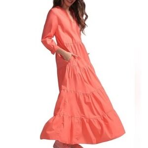 NWT GAP Women's Tiered Split Neck 3/4 Sleeve Maxi  Dress Pink Reef Size Large